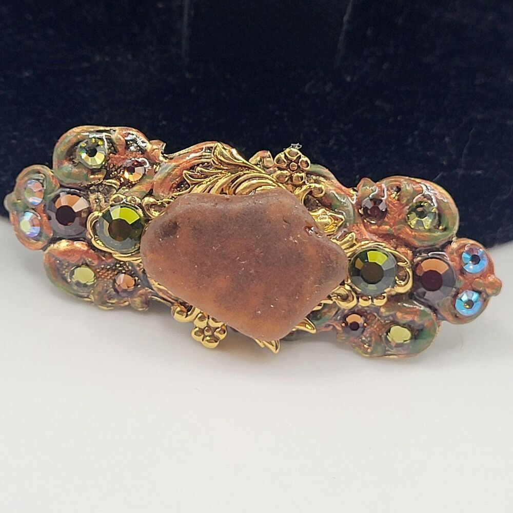 Unique Sculptural Sparkly Rhinestone Brooch Sea Glass Brown Green 2in